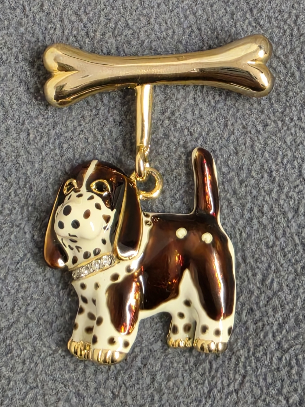 Brown White Spotted Hound Dog Bone Dangle Brooch Rhinestone Collar Pin New